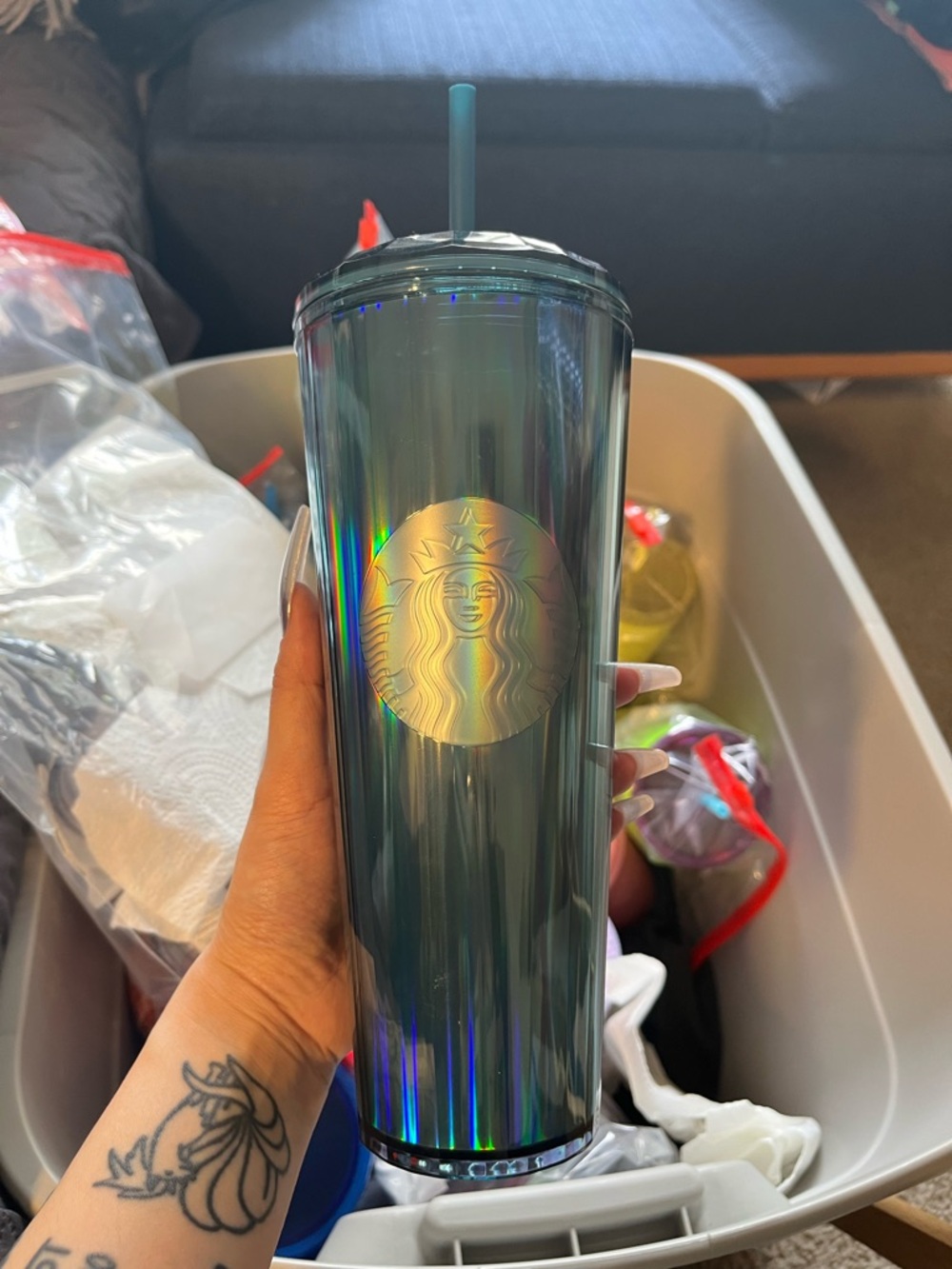 Starbucks Iridescent Teal Green Tumbler with Holographic Logo